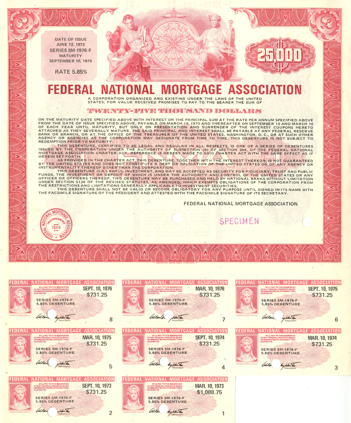 Fannie Mae - Federal National Mortgage Association - FNMA - 1972 dated American Banknote $25,000 Specimen Bond